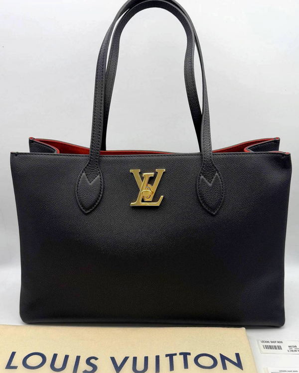 Louis Vuitton Lockme Shopper Tote Black Leather Gold-Tone Hardware Leather Strap (M57345)
