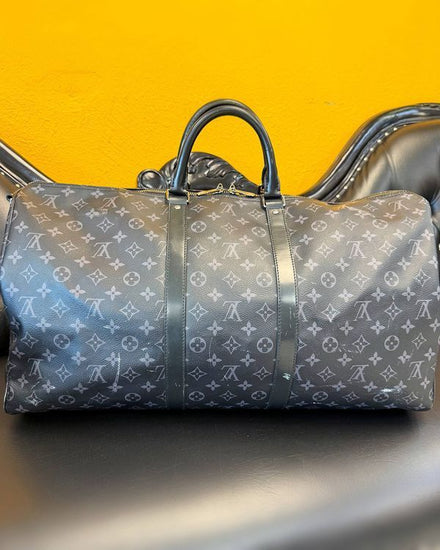 Louis Vuitton Keepall 55 Large Black Canvas Silver-Tone Hardware Leather Strap (Keepall)