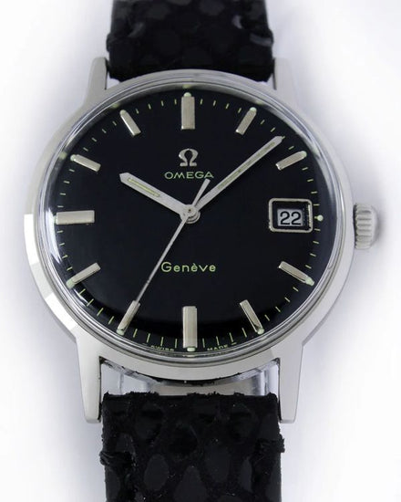 Omega Geneve Vintage 35MM Aftermarket Black Dial Aftermarket Leather Strap (136.070)