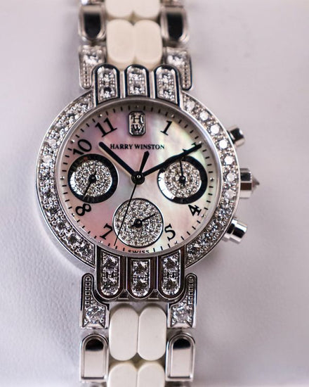 No Reserve - Harry Winston Premier Chronograph 32MM Quartz Mother of Pearl Dial White Gold/Rubber Bracelet (200UCQ32W)