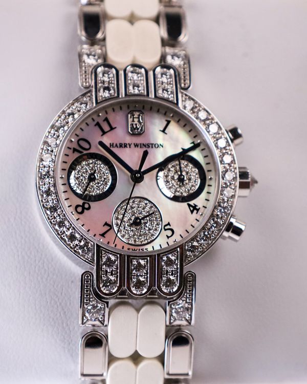 No Reserve - Harry Winston Premier Chronograph 32MM Quartz Mother of Pearl Dial White Gold/Rubber Bracelet (200UCQ32W)