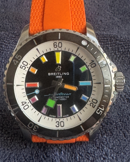 No Reserve - 2022 Breitling Superocean 42MM Black "Rainbow" Dial Rubber Strap (A17375)