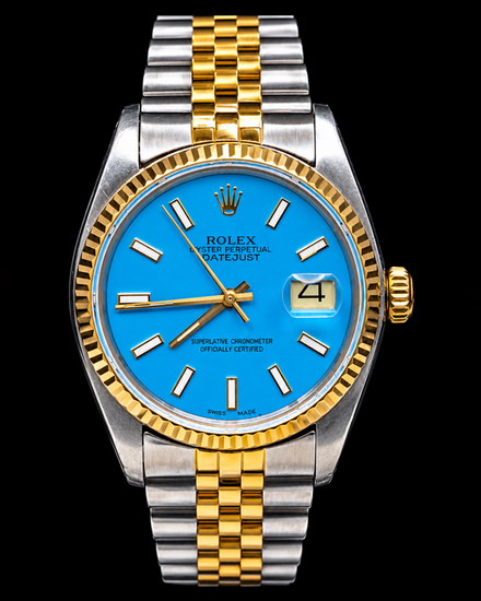 No Reserve - 1987 Rolex Datejust 36MM Aftermarket Turquoise "Tiffany" Dial Aftermarket Two-Tone Gold-Plated Jubilee Bracelet (16013)