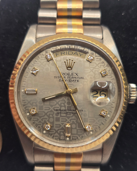 Rolex Day-Date "Tridor" 36MM Silver "Jubilee Motif" Dial Three-Toned President Bracelet (18239)