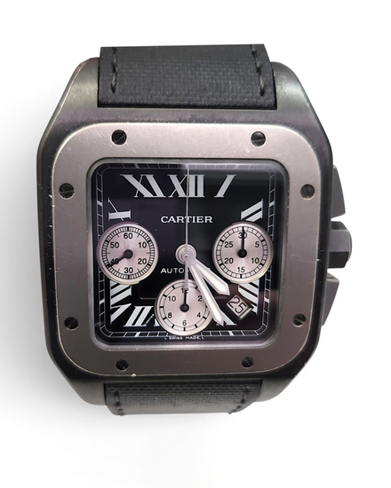 Cartier Santos 100 XL Chronograph 46.5MM Black Dial Leather Strap (W2020005)