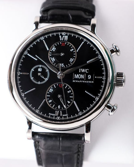 No Reserve - 2016 IWC Schaffhausen Portofino Chronograph 42MM Black Dial Leather Strap (IW391008)