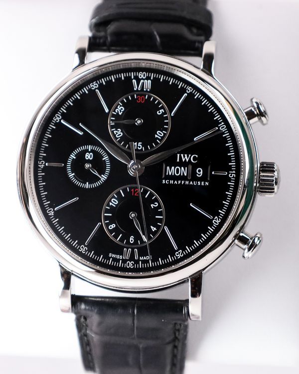 No Reserve - 2016 IWC Schaffhausen Portofino Chronograph 42MM Black Dial Leather Strap (IW391008)