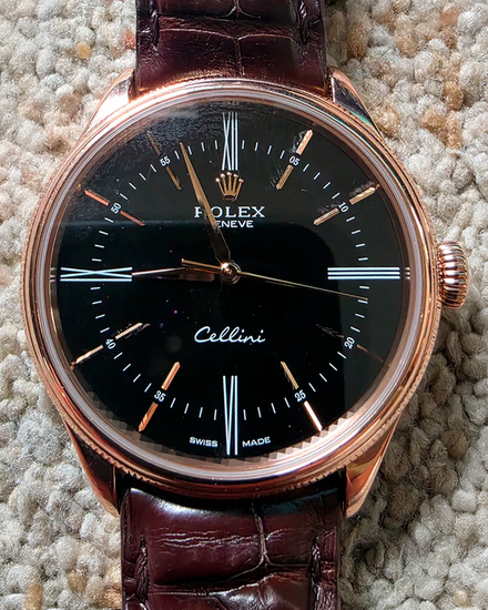 Rolex Cellini 39MM Black Dial Leather Strap (50505)