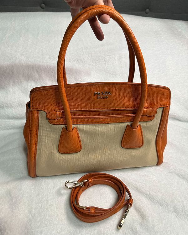 No Reserve - Prada Canvas & Saffiano Tote Beige Canvas Orange Leather Gold-Tone Hardware (BN2608)