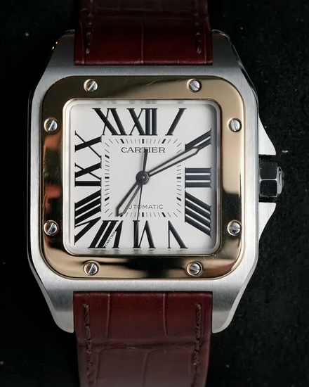 2019 Cartier Santos 100 XL Two-Tone 38MM White Dial Leather Strap (W20072X7)