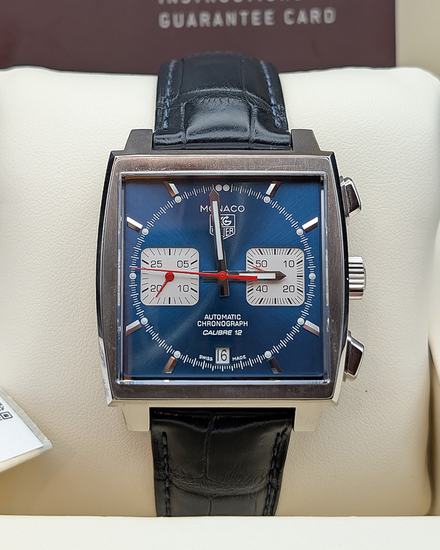 2025 Tag Heuer Monaco Chronograph Calibre 12 39MM Blue Dial Leather Strap (CAW2111.FC6183)