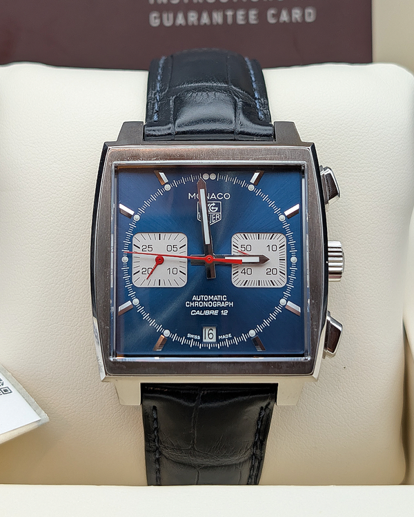 2025 Tag Heuer Monaco Chronograph Calibre 12 39MM Blue Dial Leather Strap (CAW2111-1)