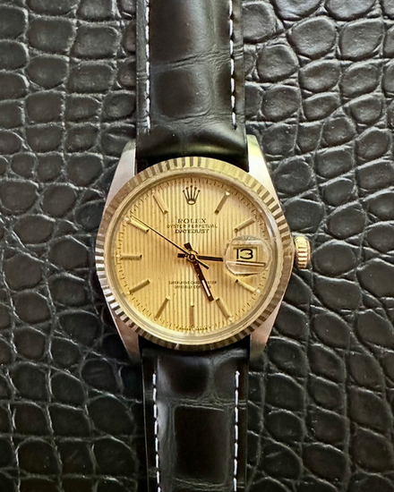 1987 Rolex Datejust 36MM Champagne "Tapestry" Dial Aftermarket Leather Strap (16013)