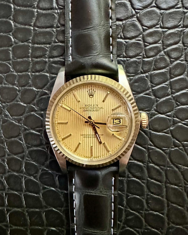 1987 Rolex Datejust 36MM Champagne "Tapestry" Dial Aftermarket Leather Strap (16013)