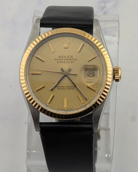 No Reserve - 1988 (R Serial) Rolex Datejust 36MM Champagne Dial Aftermarket Leather Strap (16013)