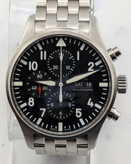 No Reserve - IWC Schaffhausen Pilot Chronograph 43MM Black Dial Steel Bracelet (IW377710)