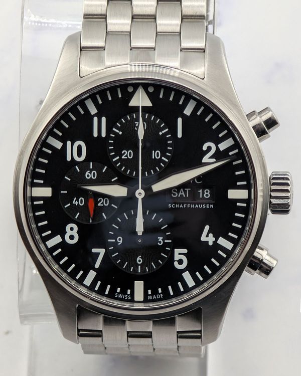 No Reserve - IWC Schaffhausen Pilot Chronograph 43MM Black Dial Steel Bracelet (IW377710)