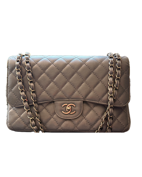 2016 Chanel Bag Double Flap Medium Grey Leather Steel Hardware Leather/Chain Strap (Bag)
