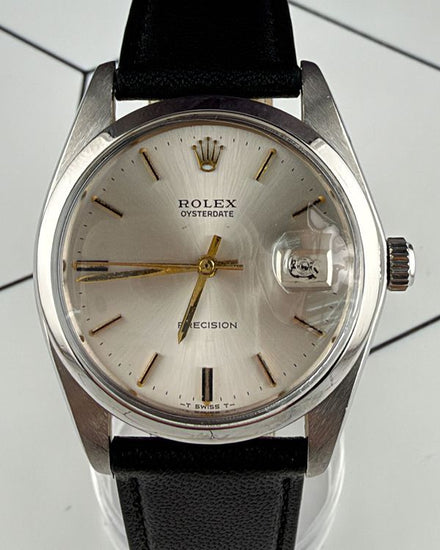 No Reserve - Rolex Oyster Precision Date 34MM Silver Dial Aftermarket Leather Strap (6694)