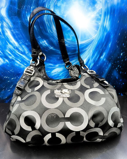 No Reserve - Coach Bag Medium Fabric Black Silver Tone Hardware Leather Strap (Bag)