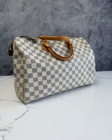 No Reserve -  2012 Louis Vuitton  Damier Azur Speedy 35 Bandouliere Medium Coated Canvas Gold-Tone Hardware Leather Strap (35)
