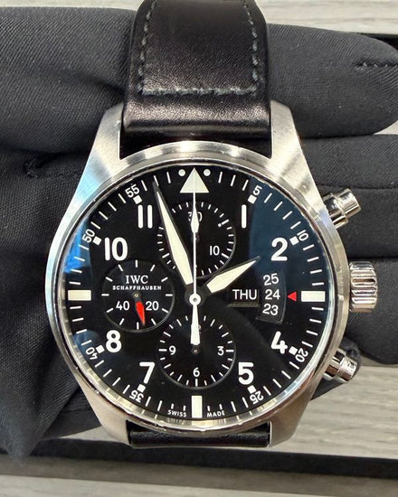 2014 IWC Schaffhausen Pilot Chronograph 43MM Black Dial Leather Strap (IW377701)