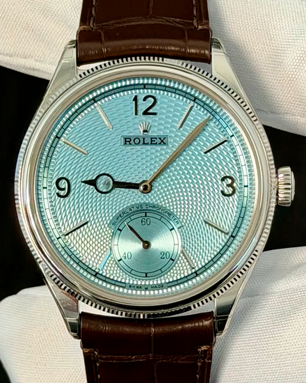 2026 Rolex 1908 Platinum 39MM Ice Blue Dial Leather Strap (52506)