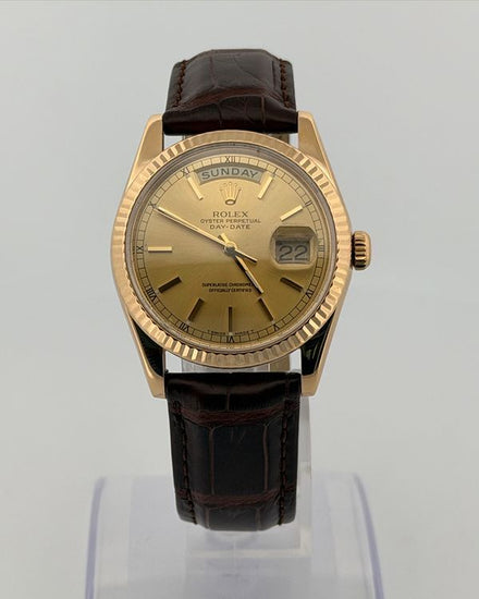 No Reserve - 2001 Rolex Day-Date 36MM Champagne Dial Aftermarket Leather Strap (118238)