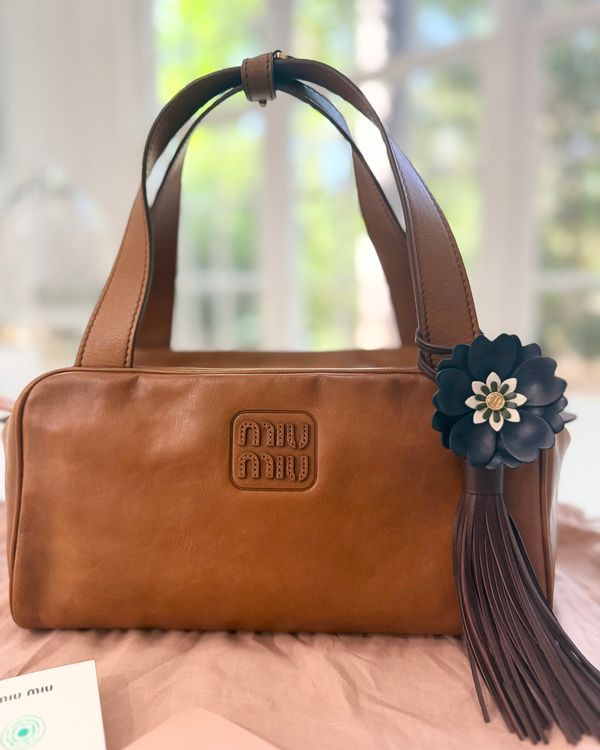 (WORKING) 2026 Miu Miu Arcadie Medium Brown Leather Gold-Tone Hardware Leather Straps (Bag)