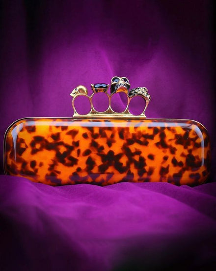 2015 Alexander McQueen Tortoise Shell Skull Knuckle Box Clutch Gold-Tone Hardware (Clutch)