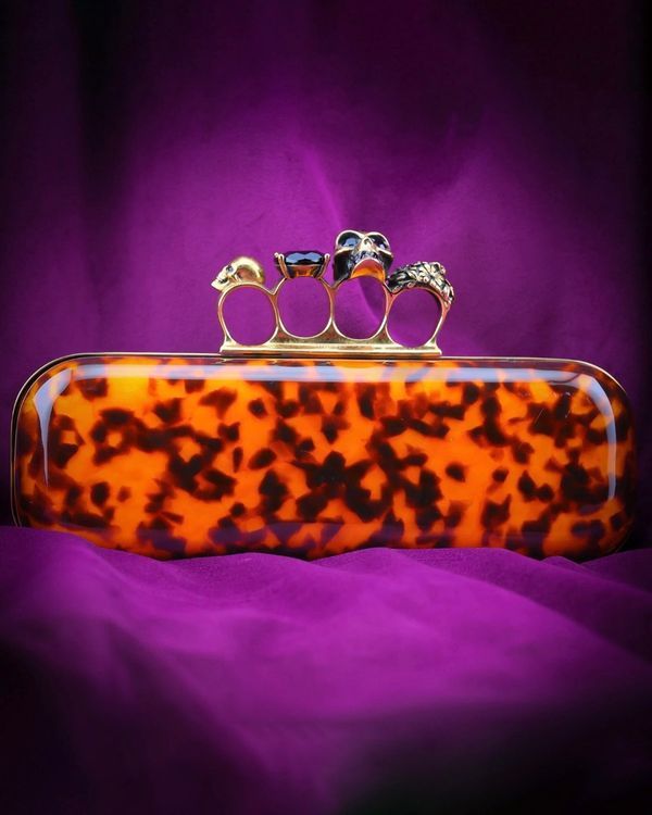 2015 Alexander McQueen Tortoise Shell Skull Knuckle Box Clutch Gold-Tone Hardware (Clutch)