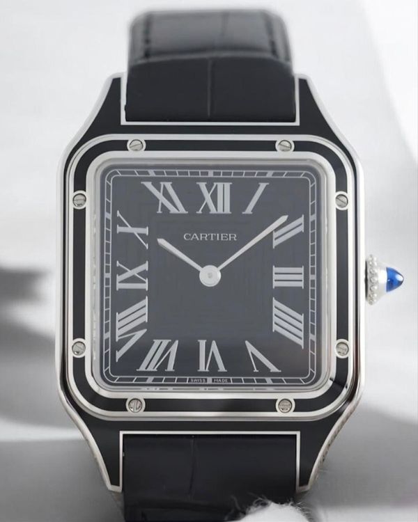 2024 Cartier Santos Dumont Large "Black Lacquer" 43.5MM Black Dial Leather Strap (WSSA0046)