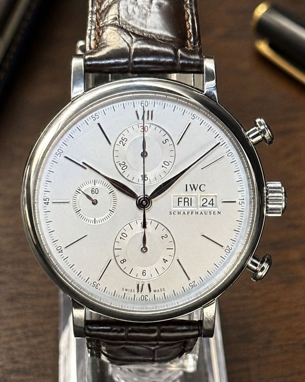No Reserve - 2017 IWC Schaffhausen Portofino Day Date Chronograph 42MM Silver Dial Leather Strap (IW391007)