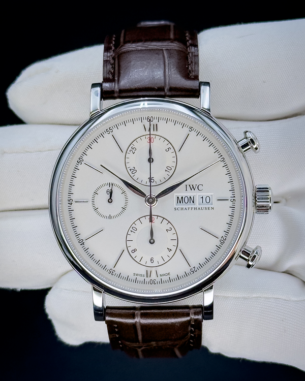 No Reserve - 2020 IWC Schaffhausen Portofino Day Date Chronograph 42MM Silver Dial Leather Strap (IW391007)