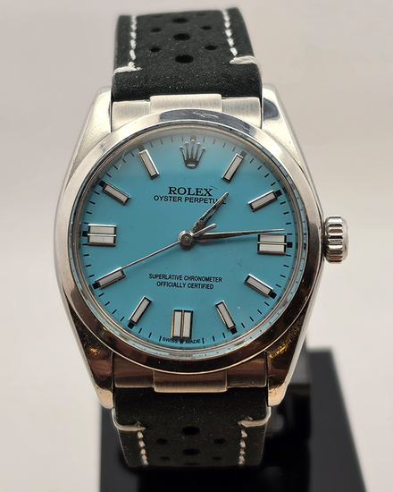Rolex Oyster Precision 34MM Aftermarket Turquoise Dial Aftermarket Leather Strap (6426)