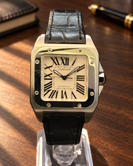 No Reserve - 2018 Cartier Santos 100 33MM Silver Dial Leather Strap (W20126X8)