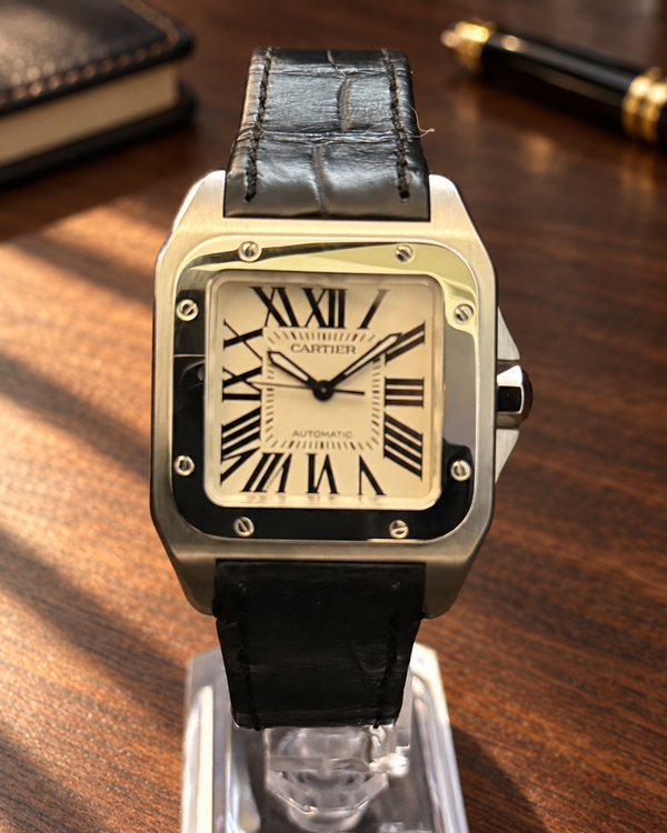 No Reserve - 2018 Cartier Santos 100 33MM Silver Dial Leather Strap (W20126X8)