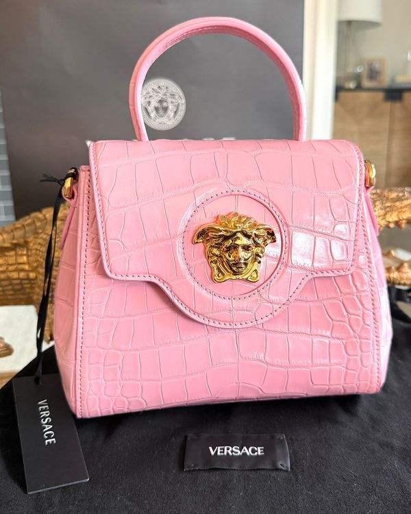 Versace Bag Croc La Medusa Small Pink Leather Gold-Tone Hardware Leather Strap (Bag)