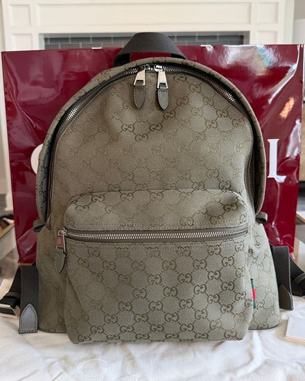 No Reserve - 2025 Gucci Backpack GG Medium Green Canvas Steel Gardware Textile Straps (Backpack)