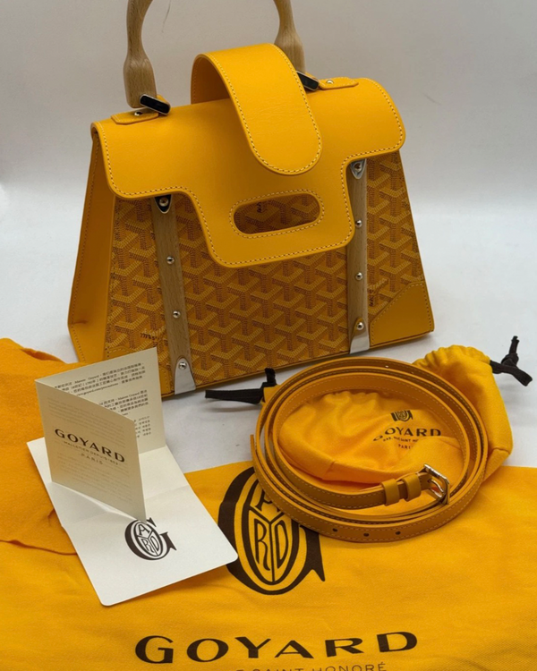 2026 Goyard Saigon PM Bag Small Goyardine Coated Canvas Leather Yellow Silver Tone Hardware Wooden Handle Leather Strap (Bag)