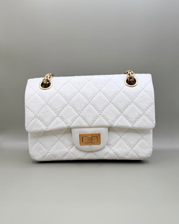 No Reserve - Chanel 2.55 Reissue Mini Flap Bag Small Aged Leather White Gold Tone Hardware Chain Strap (Bag)