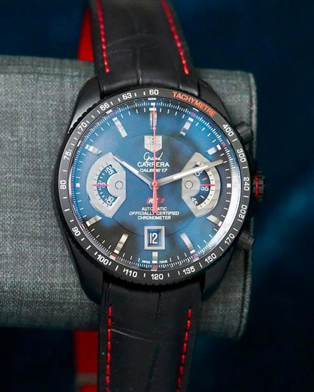 No Reserve - Tag Heuer Carrera Calibre 17 RS2 Chronograph 43MM Black Dial Leather Strap (CAV518B.FC6237)