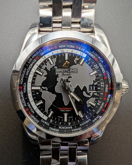 Breitling Galactic Unitime 44MM Black Dial Steel Bracelet (WB3510)