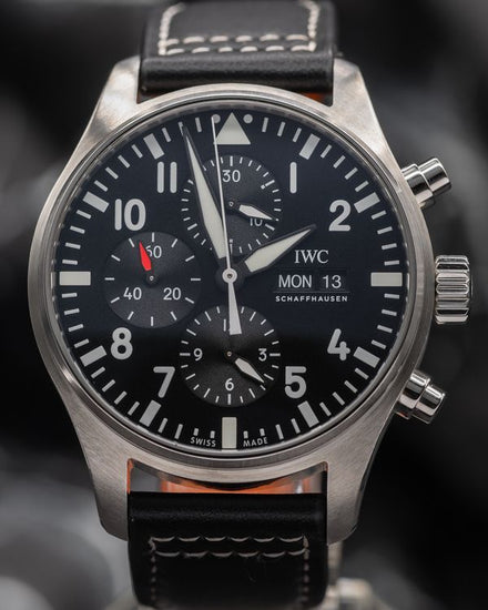 2019 IWC Schaffhausen Pilot Chronograph 43MM Black Dial Leather Strap (IW377709)