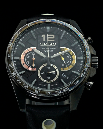 No Reserve - Seiko Chronograph 43.9MM Quartz Black Dial Aftermarket Leather Strap (SSB349)