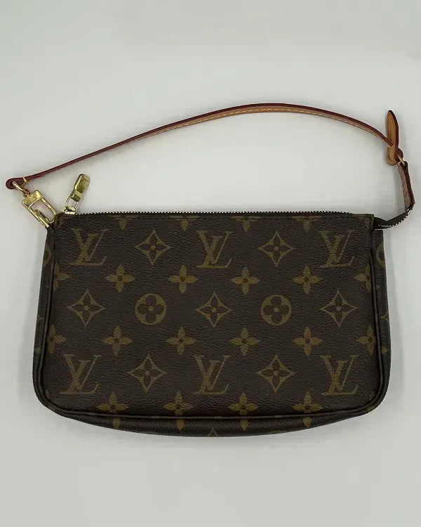 Louis Vuitton Pochette Monogram Coated Brown Canvas Gold-Tone Hardware Leather Strap (Pochette)