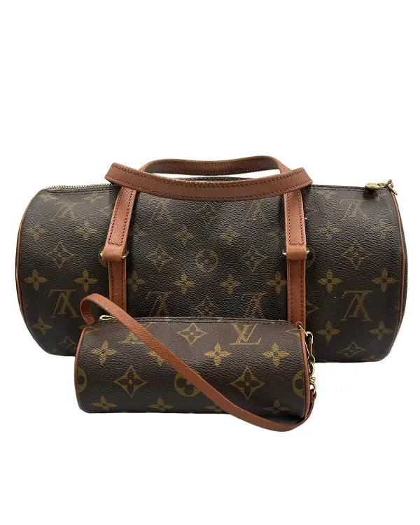 Classic Louis Vuitton Monogram Brown Canvas Papillon And Matching Pouch Gold-Tone Hardware Leather Starps (Bag)