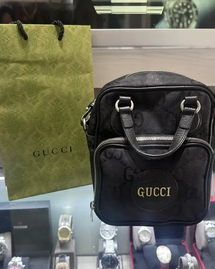 Gucci Bag Off The Grid Crossbody Medium Black Textile Silver-Tone Hardware Leather Straps (Bag)