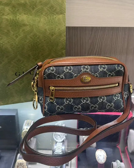 Gucci Bag Ophidia GG Monogram Blue Denim Canvas/Leather Gold-Tone Hardware Leather Strap (Ophidia)