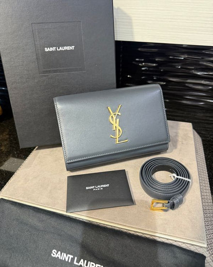 2019 Saint Laurent Bag Kate Small Bag Small Leather Grey Gold Tone Hardware Leather Chain Strap (Bag)